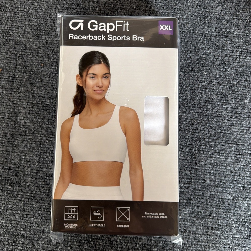 GapFit White Sports Bra XXL, Medium Support Racerback Wireless Pullover Full - Picture 5 of 6